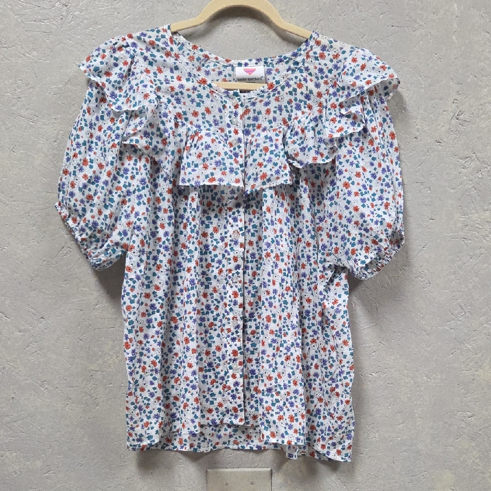 Hester & Orchard Floral Ruffle Blouse - White and Blue Large